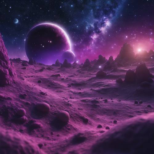 Uma cena cósmica de um céu estrelado e galáxias roxas vistas da superfície de um planeta alienígena.