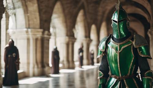 Cavalieri gotici in armatura verde brillante, di guardia in un grande corridoio di pietra