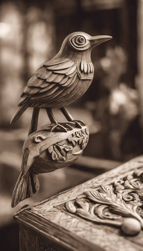 Ein gealtertes Foto in Sepiatönen, das einen geschnitzten, schwarz-weiß bemalten Holzvogel zeigt.