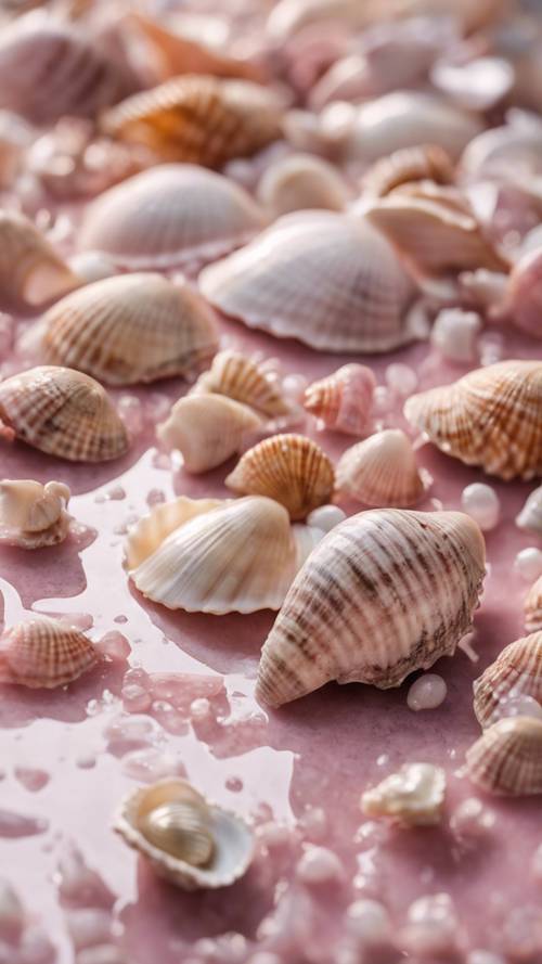 Muscheln liegen auf einer Platte aus nassem rosa Marmor.