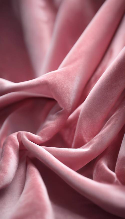 Diverse pieghe di tessuto di velluto rosa lucido e morbido sono drappeggiate su un tavolo di mogano lucido in una stanza ben illuminata