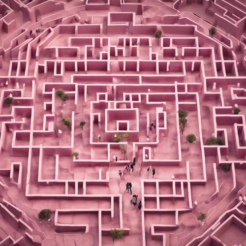 A top-down view of a geometric labyrinth in shades of baby pink.