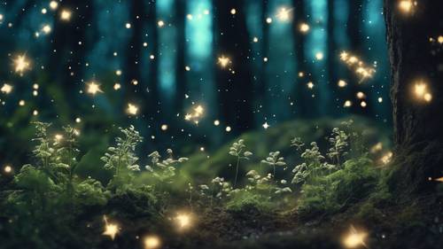 A magical forest, with bioluminescent plants and fairy dust particles floating in the air under a starlit sky.