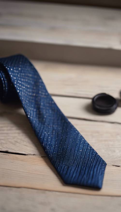 A close-up view of a textured navy blue silk tie on a light wooden table.