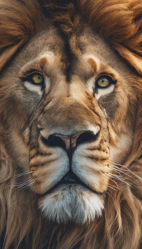 Nahaufnahme eines majestätischen Löwen, in dessen Augen Streifen von Nordlichtern schimmern.