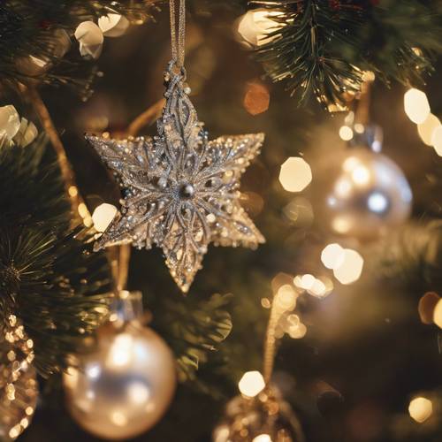 A close-up of delicate ornaments hanging from a Christmas tree, shimmering with soft lights and tinsel. Tapeta na zeď [ce1aec491dd94797ba50]