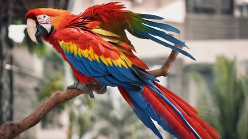 A scarlet macaw, its wing feathers forming a rainbow of stripes.