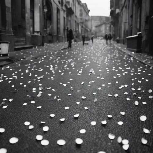 A black and white quiet city street after a New Year's Eve party, confetti and empty cups scattered, signaling the end of a joyous night.