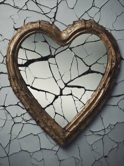 An antique mirror with cracks forming the shape of a broken heart.