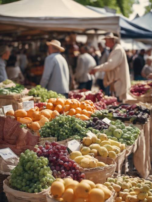 Una scena allegra di un mercato agricolo in Borgogna, con venditori che vendono frutta fresca, verdura e bottiglie di vino della Borgogna fatto in casa.