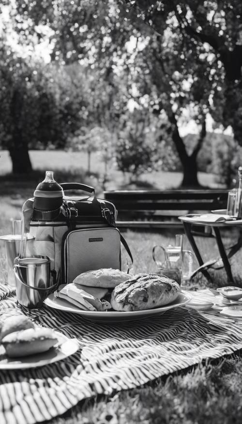 Ein Schwarzweißbild eines Picknick-Setups im adretten Stil an einem sonnigen Tag.