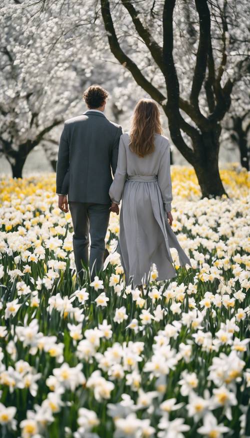 A couple in gray clothes walking through a field of white daffodils.