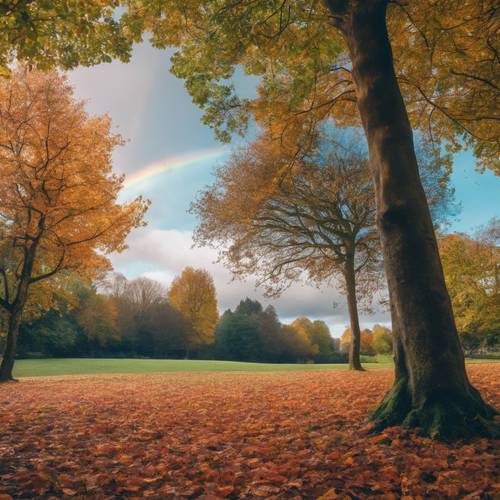 A tranquil view of autumn in Cork, with trees in a park displaying a rainbow of colors under a crisp, blue sky.