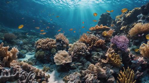 An underwater panorama combining elements of coral reefs, seabed, marine life, all dominated by blue.