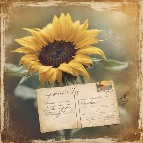 A vintage-themed postcard with a sunflower and handwritten text. Tapet [d3156156c7164fc3ab2d]
