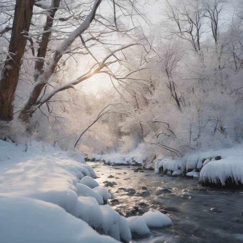 A iced-over creek flowing through a serene winter landscape, where the only sound heard is the wind whispering.
