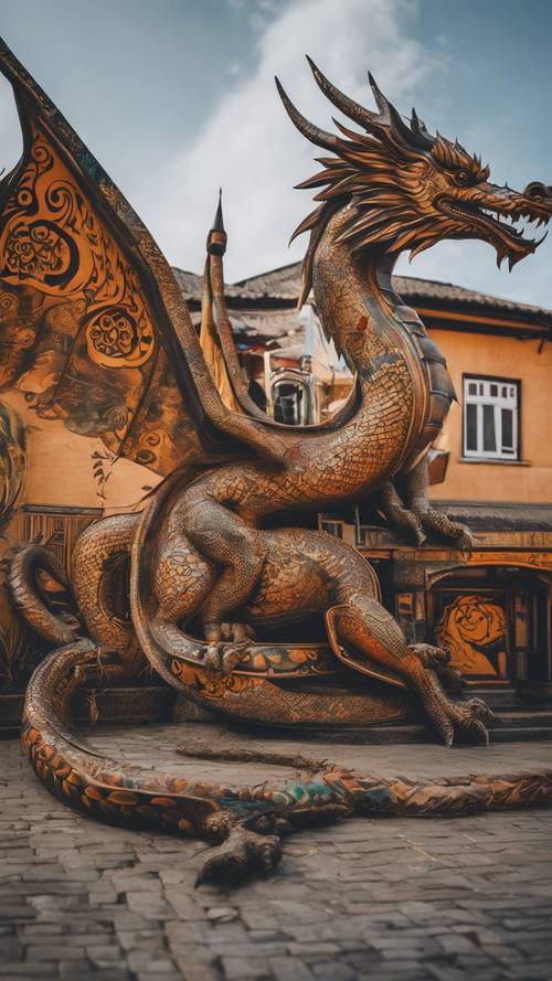 Un dragón con forma de mural con tatuajes tribales tradicionales que reflejan símbolos e historias culturales.