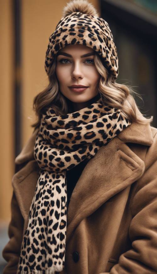 A fashionable woman wearing a leopard print scarf and hat