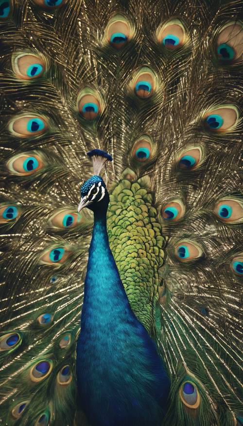 Um close da plumagem de um orgulhoso pavão, pintado em uma tela texturizada com muitos detalhes.