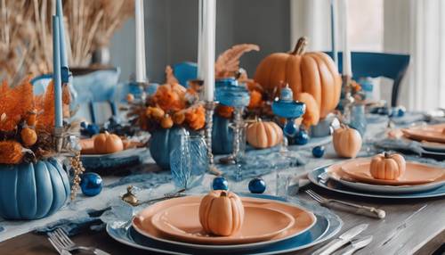 Décor contemporain de Thanksgiving combinant les tons bleu et pêche avec l&#39;orange traditionnel, composé de vaisselle moderne et de centres de table excentriques.