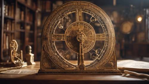 Ruang sains Renaisans menampilkan astrolabe dengan simbol matematika yang rumit.