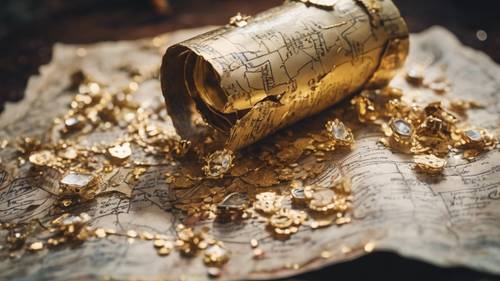 Um pedaço rasgado de um mapa do tesouro, uma pista escondida entre peças de ouro e joias espalhadas.