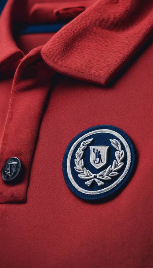 Czerwona koszulka polo z granatowym emblematem.