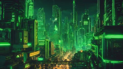 Pemandangan kota futuristik yang diterangi oleh sorotan hijau neon cemerlang di malam hari.