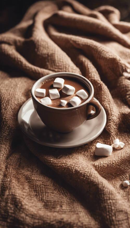 A cup of hot chocolate with marshmallows sitting on a brown plaid tablecloth.
