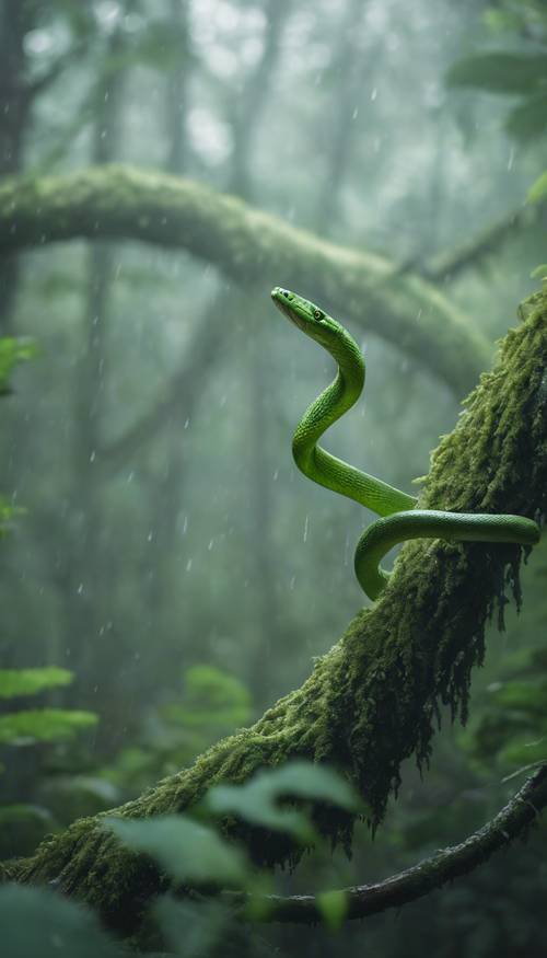 Una serpiente delgada y verde trepando un árbol empapado por la lluvia en un bosque brumoso