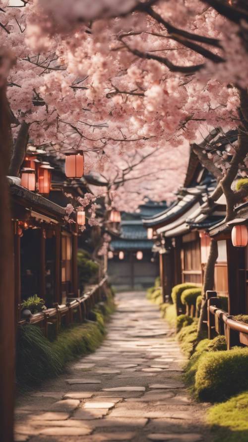 Una vista panorámica de un hermoso sendero de cerezos en flor que conduce a una casa de té tradicional japonesa.