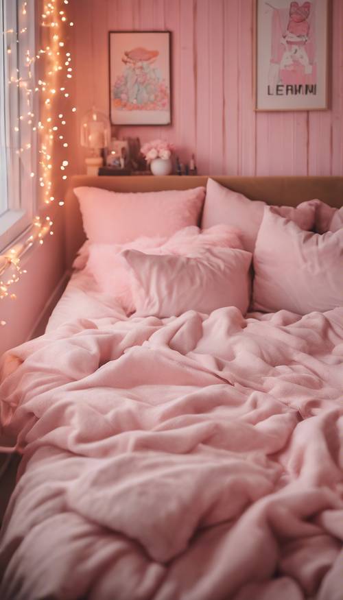 Um quarto com estética kawaii, com almofadas fofas rosa, luzes brancas e decoração de parede em tons pastéis.