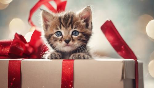 Un gatito curioso asoma la cabeza de una caja de regalo atada con una cinta roja brillante.