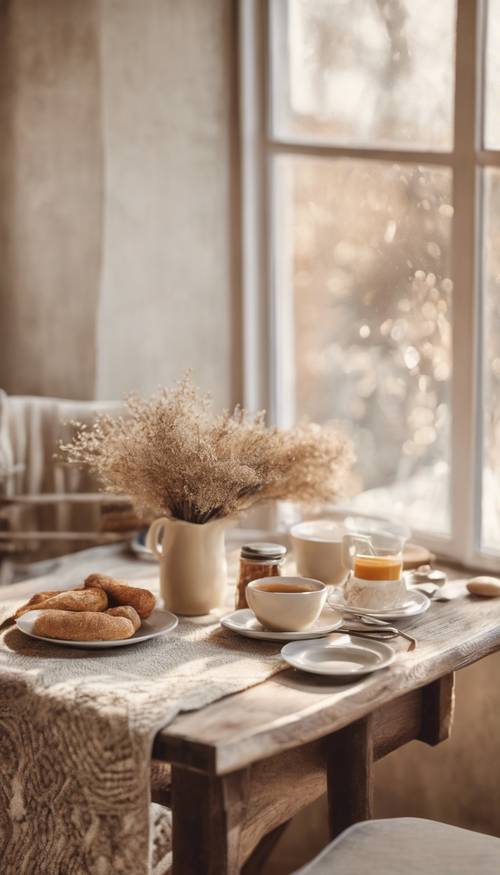 柔らかいクリーム色のラスティックな朝食スペース、ふかふかの模様の敷物が特徴の壁紙