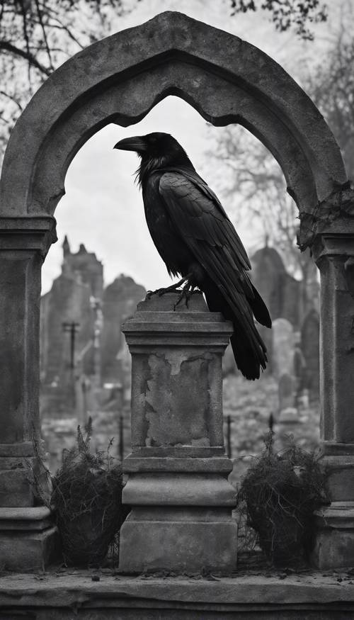 Un corbeau noir perché sur une arcade gothique dans un cimetière hanté, représenté en noir et blanc.