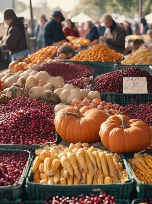 A farmer's market bustling with activity. Customers are filling their baskets with fresh cranberries, pumpkins, and corn from local vendors for their Thanksgiving feasts.