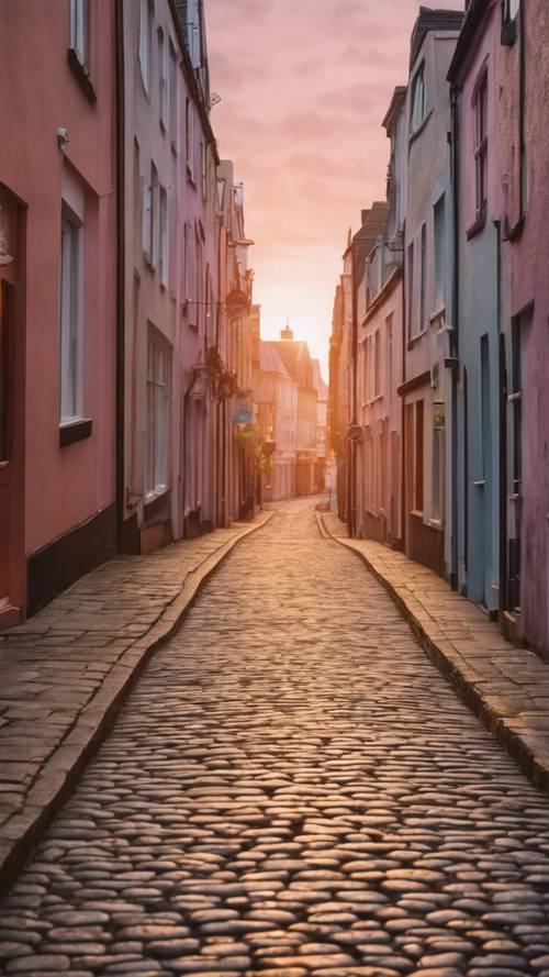 Una única calle adoquinada vacía en el corazón de Cork al amanecer, con un suave amanecer en tonos pastel sobre los tejados.