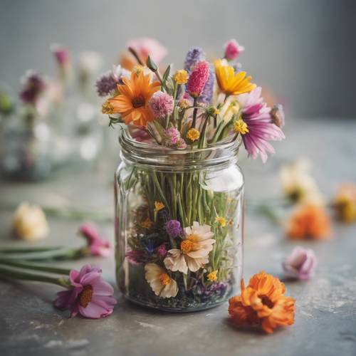 Żywa kolekcja wiosennych kwiatów ułożonych w uroczym, małym szklanym słoiczku.