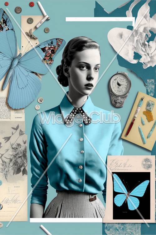 Elegancia vintage con mariposas y tonos azules.