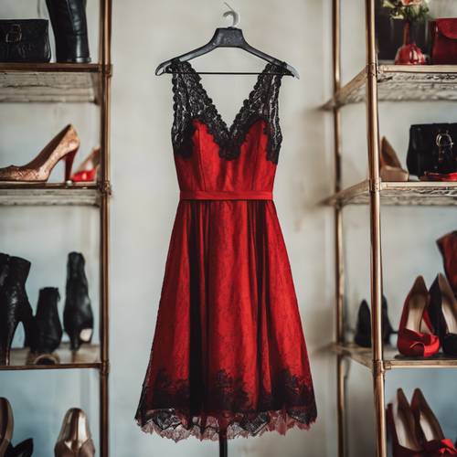 A red dress with black lace accents hung in a vintage boutique.