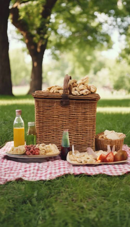 A serene summer picnic in a lush green park with a checkered blanket, a basket of tasty snacks, and a novel.