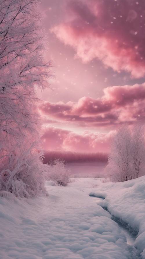 Rosa Wolken schweben über einer gefrorenen Landschaft.