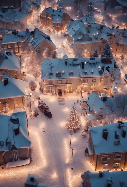 Vue aérienne d&#39;une ville enneigée, rues éclairées par des lumières de Noël pastel.