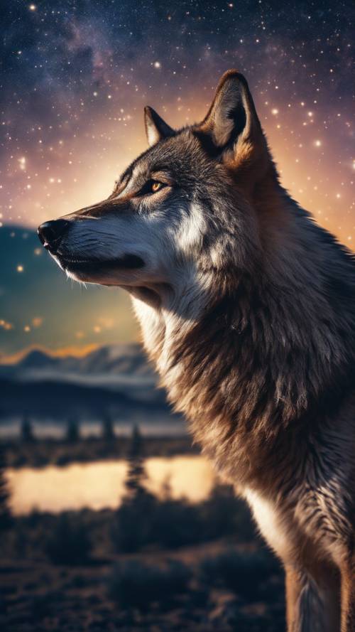 별이 빛나는 밤하늘의 매혹적인 풍경 아래 외로운 늑대가 울부짖고 있습니다.