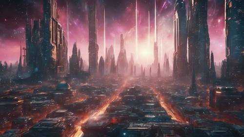 Una scintillante metropoli futuristica sullo sfondo di una maestosa nebulosa.