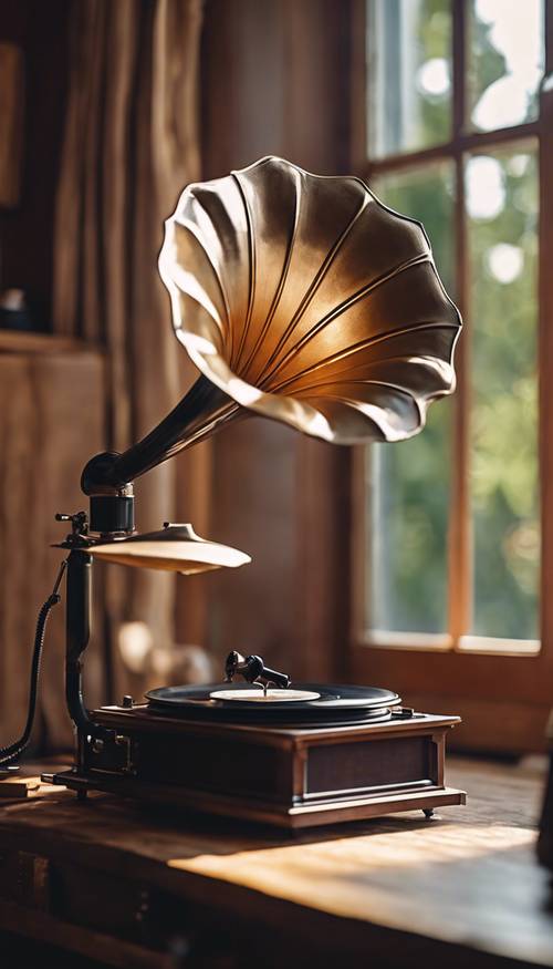 An old gramophone playing classical music in a warm, inviting, cottagecore room, adding a vintage touch to the serene ambiance. کاغذ دیواری [bc837516406341738f92]