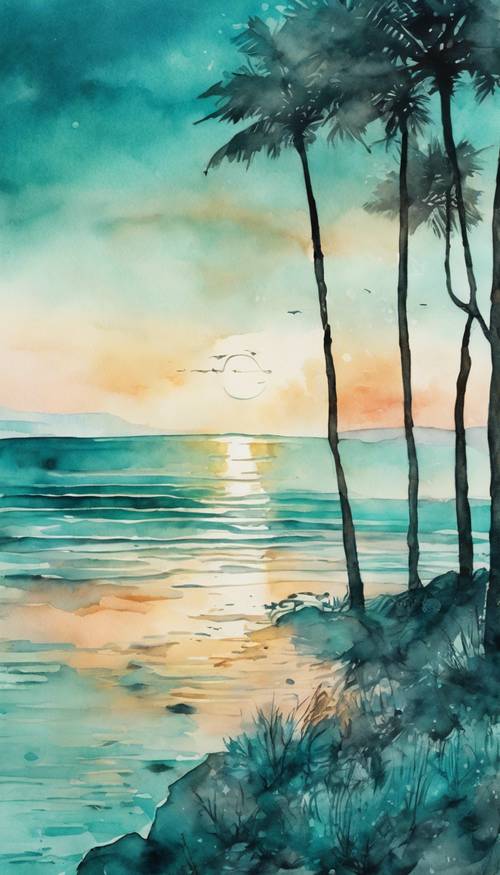 Lukisan cat air teal dari lanskap pantai yang tenang saat senja