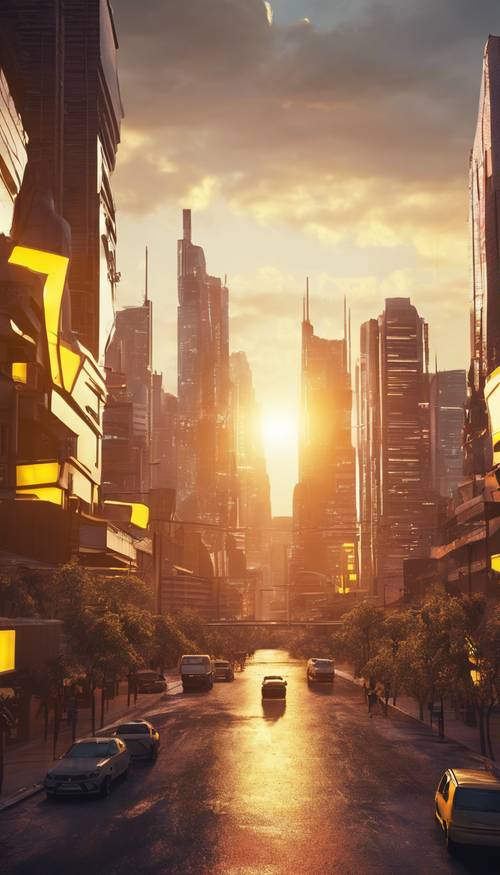 Matahari kuning neon terbenam di atas lanskap kota futuristik.