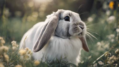 Um retrato de um coelho majestoso de orelhas caídas e um casaco prateado brilhante.