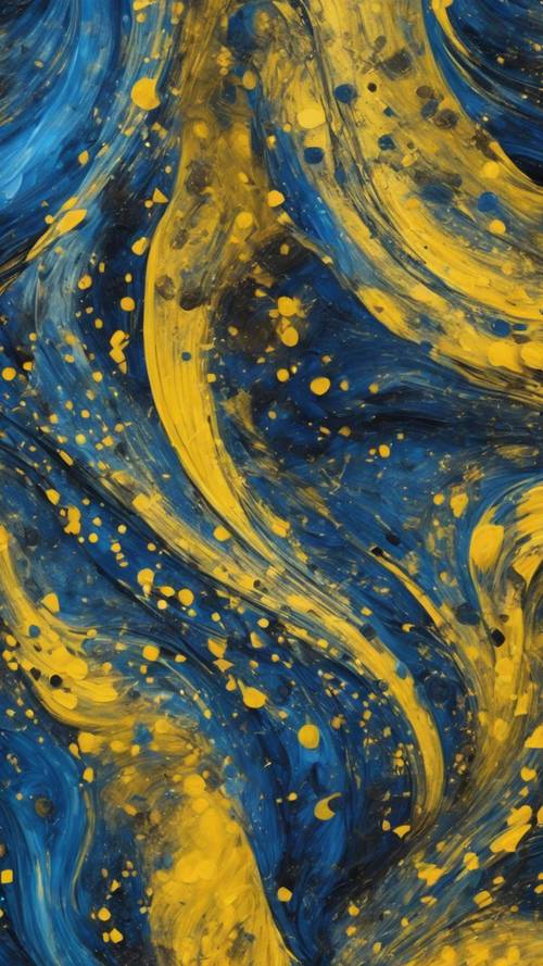 Van Gogh&#39;un &#39;Yıldızlı Gece&#39; tablosundan ilham alan, mavi ve sarı girdaplardan oluşan bir tuval.